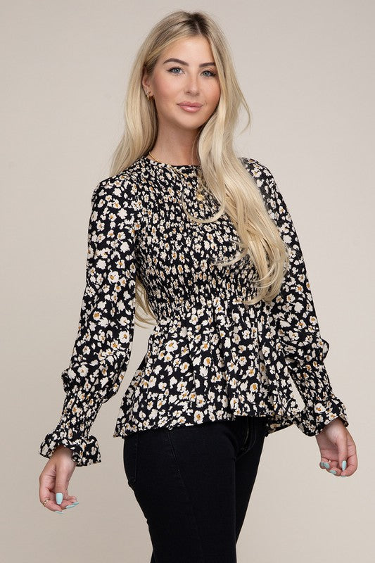 Allover Floral Shirred Peplum Blouse - Luxxfashions