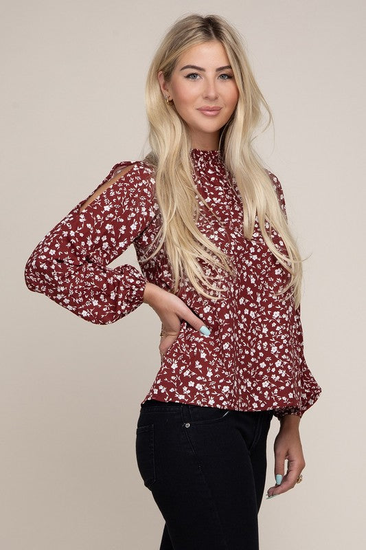 Ditsy Floral Print Split Sleeve Blouse - Luxxfashions