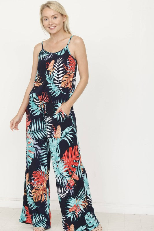 Tropical Spaghetti Strap Jumpsuit - Luxxfashions