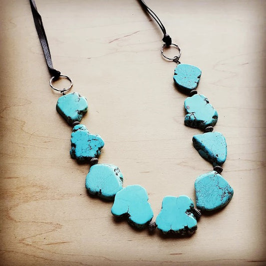 Blue Turquoise Slab Necklace with Leather Ties - Luxxfashions