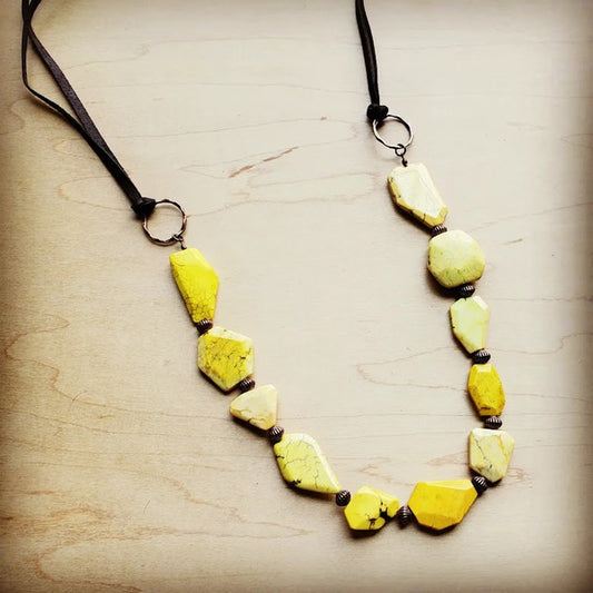 Yellow Turquoise Stone Necklace w/ Leather Ties - Luxxfashions