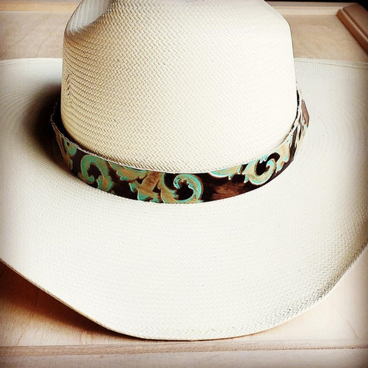 Turquoise Floral Embossed Leather Hat Band - Luxxfashions