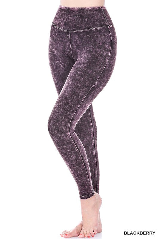 Mineral Washed Wide Waistband Yoga Leggings - Luxxfashions