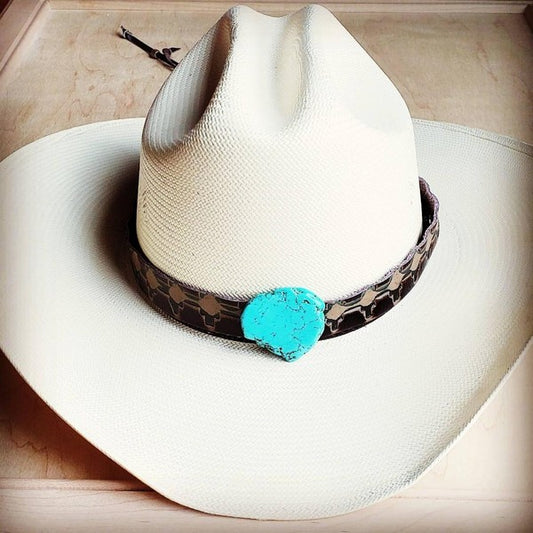 Navajo Embossed Leather Hat Band w/ Turquoise Slab - Luxxfashions