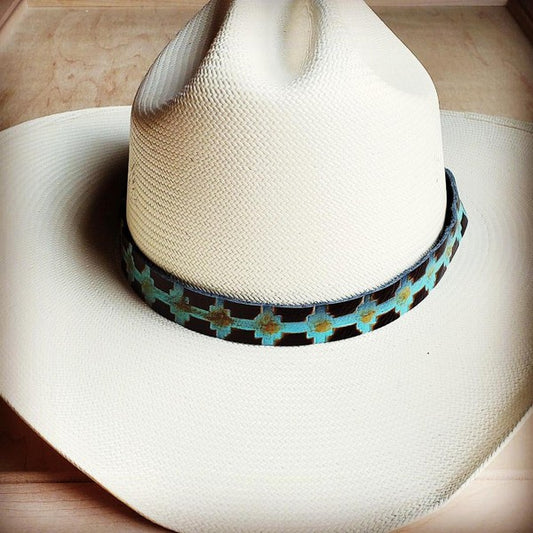 Blue Navajo Embossed Leather Hat Band - Luxxfashions