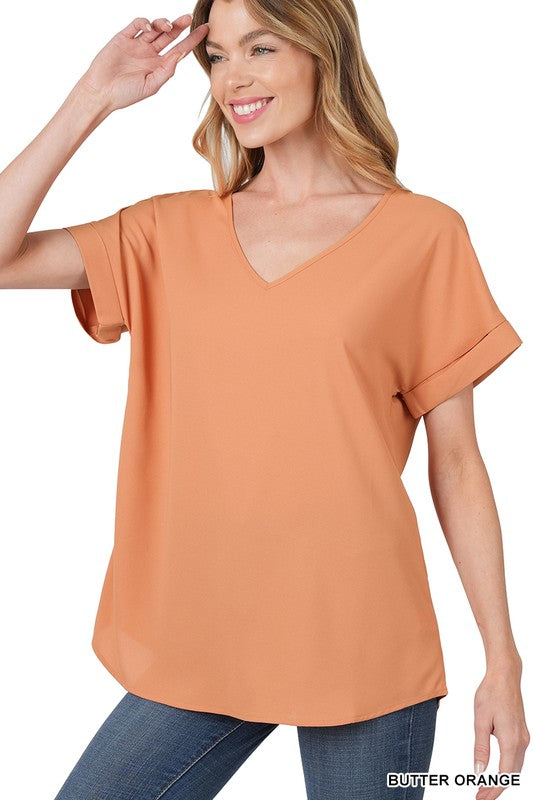 Woven Heavy Dobby Rolled Sleeve V-Neck Top - Luxxfashions