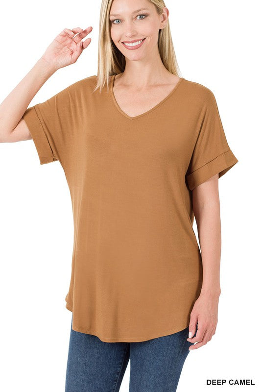 Luxe Rayon Short Cuff Sleeve V-Neck Round Hem Top. - Luxxfashions