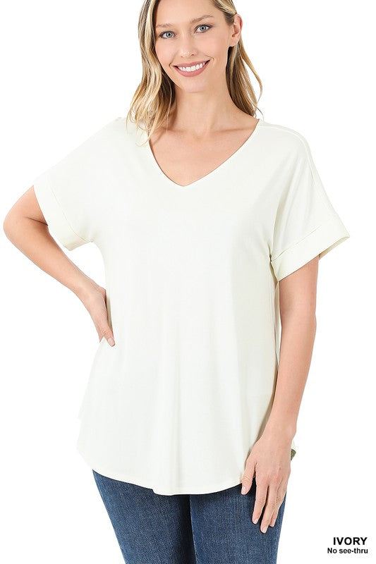 Luxe Rayon Short Cuff Sleeve V-Neck Round Hem Top. - Luxxfashions