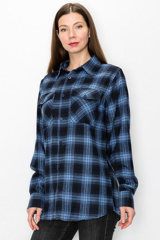 Womens Long Sleeve Checkered Boyfriend Flannel - Luxxfashions