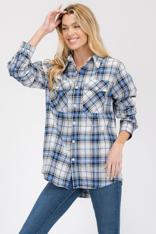 Oversized Checker Plaid Flannel Long Sleeve - Luxxfashions
