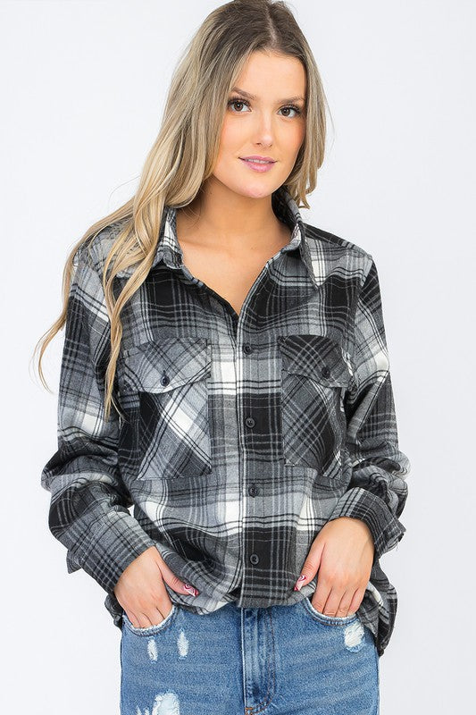 Oversized Checker Plaid Flannel Long Sleeve - Luxxfashions