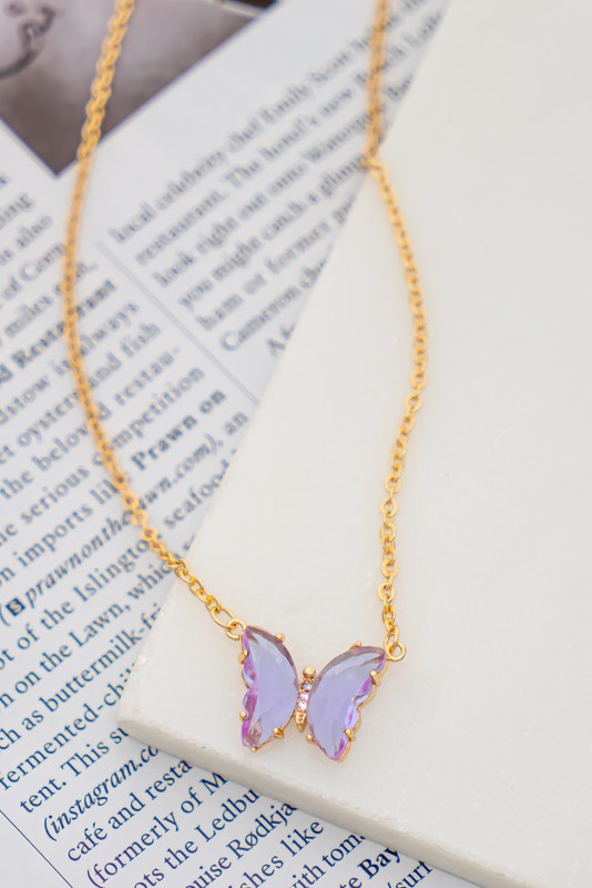 GEM STONE BUTTERFLY PENDANT NECKLACE - Luxxfashions