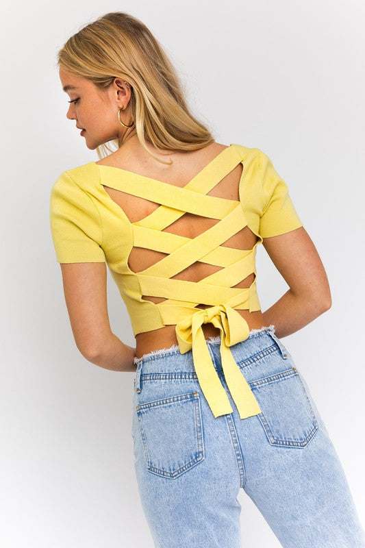 Short Sleeve Criss Cross Back Knit Top - Luxxfashions