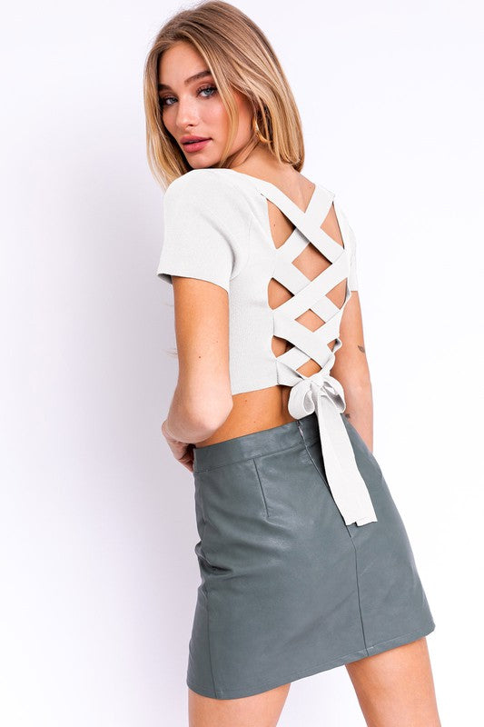 Short Sleeve Criss Cross Back Knit Top - Luxxfashions