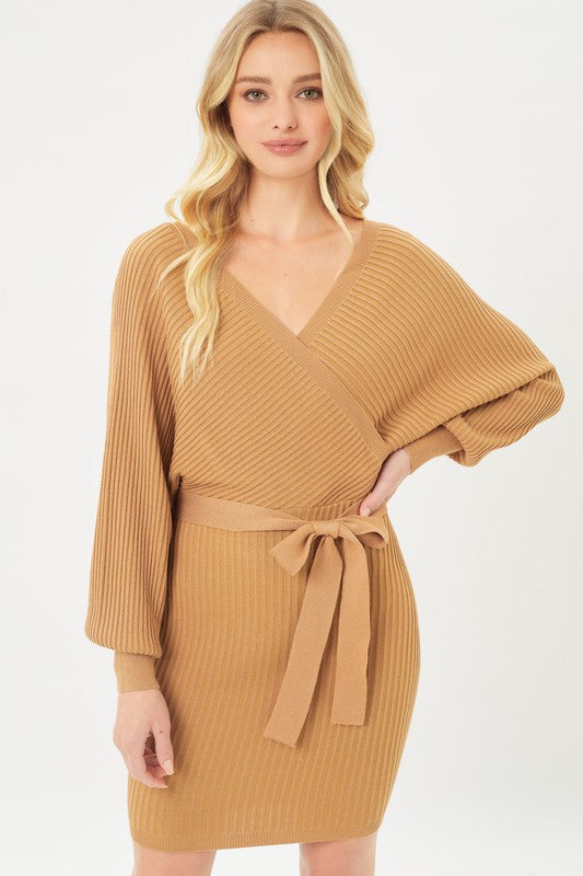 Off Shoulder Wrap Belted Ribbed Knit Dress - Luxxfashions