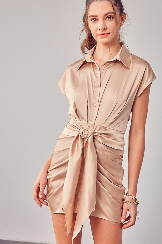 Collar Button Up Front Tie Dress - Luxxfashions