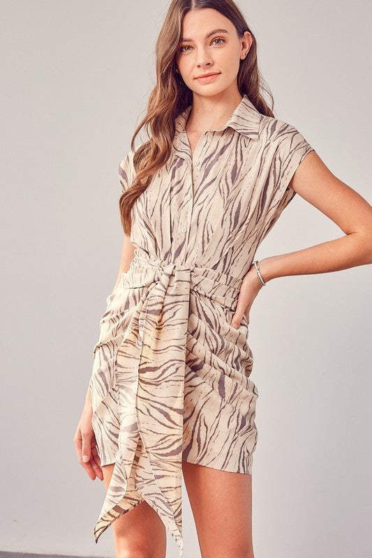 Printed Front Tie Dress - Luxxfashions