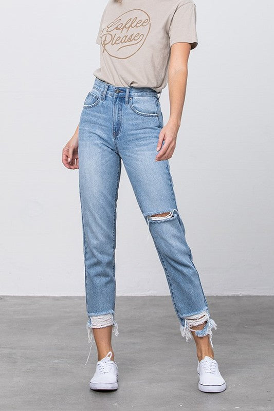 High Waist Ripped Frayed Hem Tapered Jeans - Luxxfashions