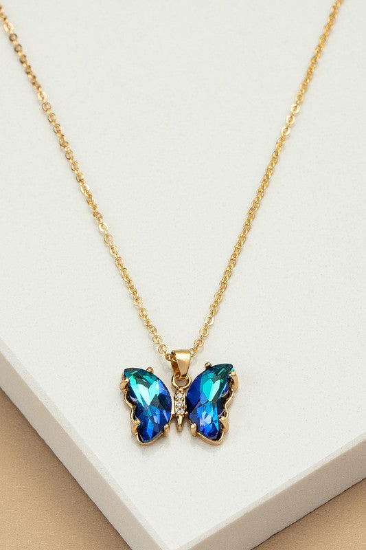 Aurora Borealis crystal butterfly pendant necklace - Luxxfashions