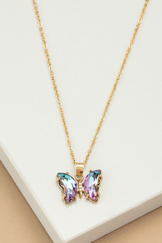 Aurora Borealis crystal butterfly pendant necklace - Luxxfashions