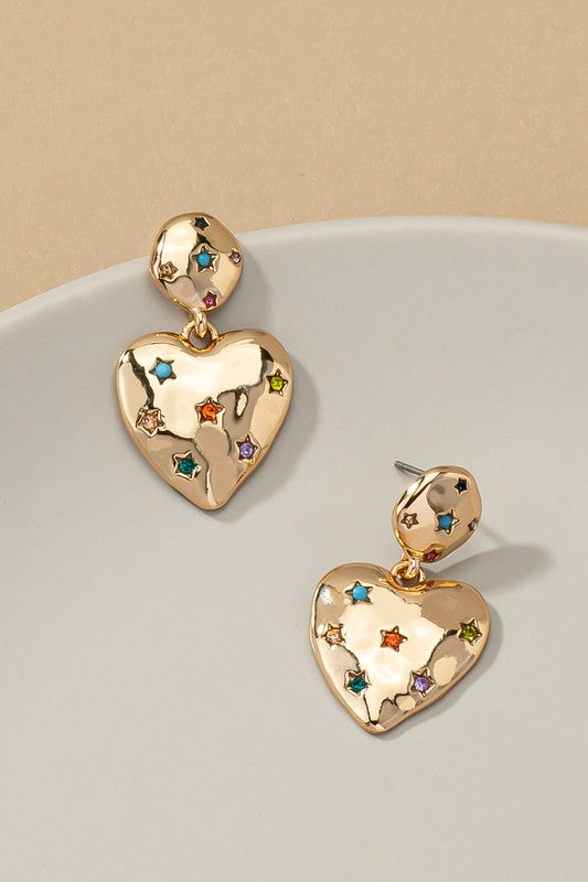 A212 puffy heart earrings with rhinestones stars - Luxxfashions