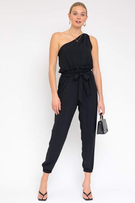 SLEEVELESS ONE SHOULDER WAIST TIE JUMPSUIT - Luxxfashions