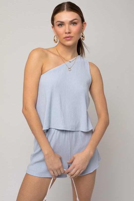 Sleeveless One Shoulder Layered Top Romper - Luxxfashions
