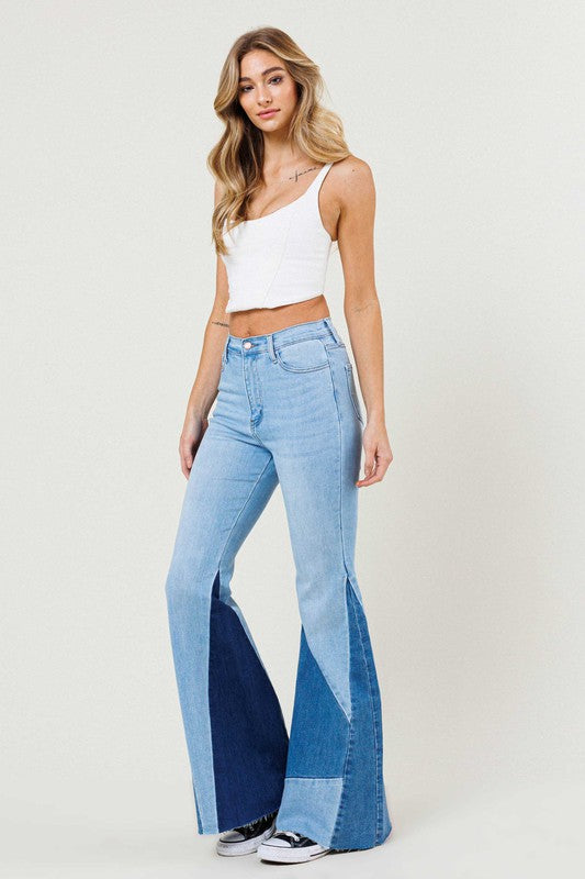 COLOR BLOCK SIDE SLIT FLARE JEANS - Luxxfashions