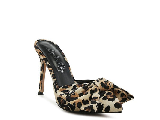 Joelle High Heel Bow Tie Leopard Print Mules - Luxxfashions