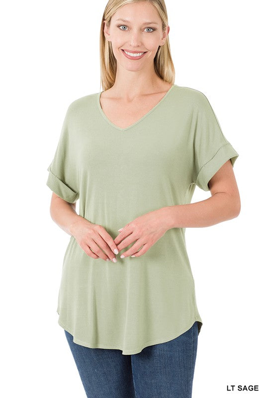 Luxe Rayon Short Cuff Sleeve V-Neck Round Hem Top