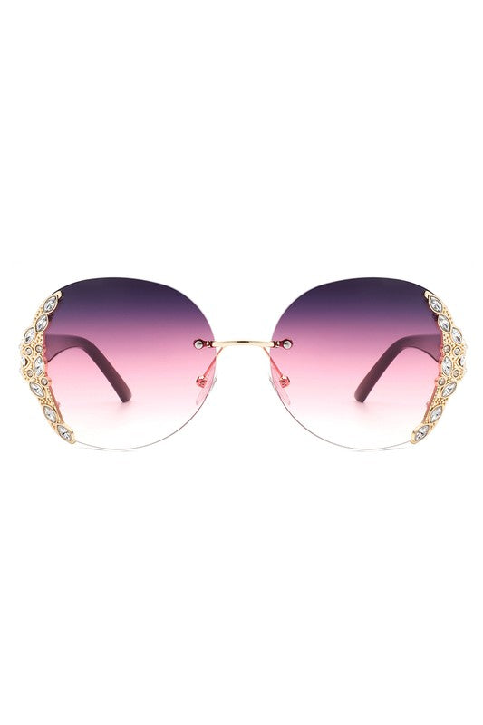 Women Rimless Round Rhinestone Oversize Sunglasses - Luxxfashions