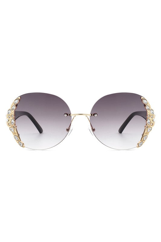 Women Rimless Round Rhinestone Oversize Sunglasses - Luxxfashions