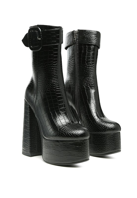 Bumpy Croc High Block Heeled Chunky Ankle Boots - Luxxfashions