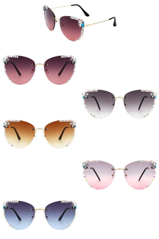 Rimless Rhinestone Fashion Cat Eye Sunglasses - Luxxfashions