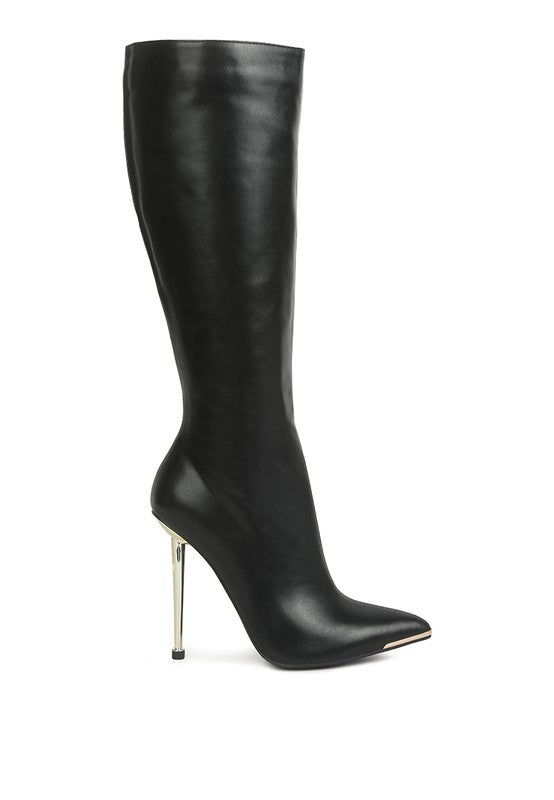 Faux Leather Pointed Heel Calf Boots - HALE