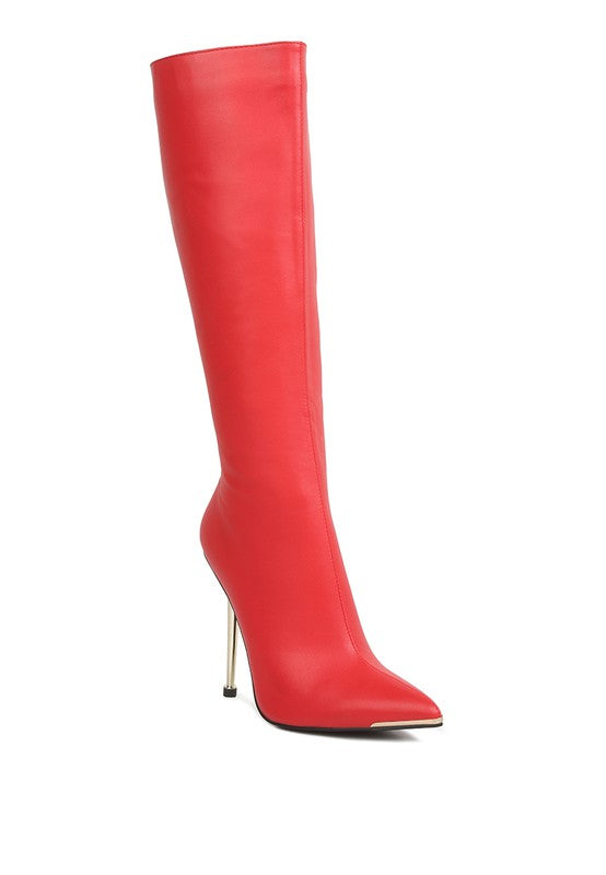 Faux Leather Pointed Heel Calf Boots - HALE