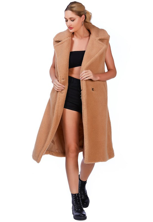 Sleeveless Double Breasted Teddy Coat - Luxxfashions