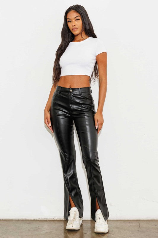 Vegan Leather Front Slit Bootcut - Luxxfashions