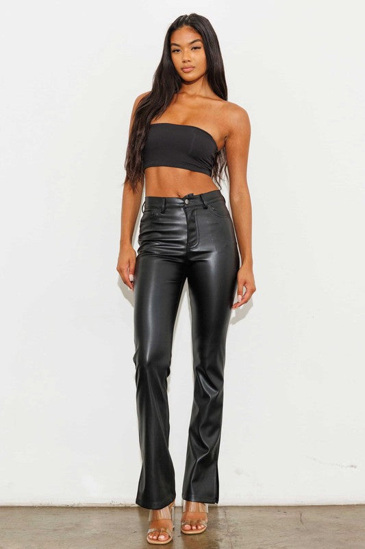 Vegan Leather Side Slit Bootcut - Luxxfashions