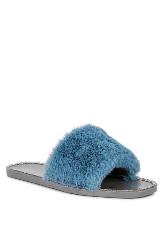 Geese Faux Fur Diamante Detail Jelly Flats - Luxxfashions