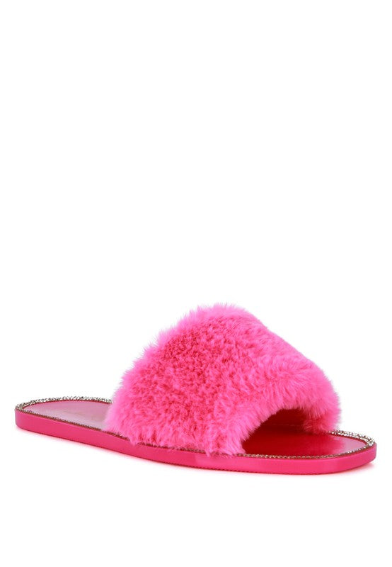 Geese Faux Fur Diamante Detail Jelly Flats - Luxxfashions