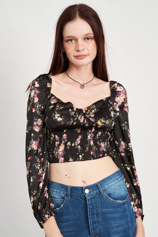 FLORAL CROPPED TOP WITH SMOCKING