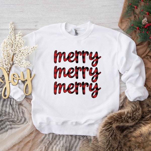Buffalo Plaid Merry Stacked Graphic Sweatshirt - Luxxfashions