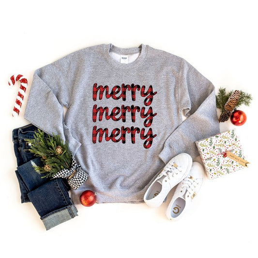 Buffalo Plaid Merry Stacked Graphic Sweatshirt - Luxxfashions