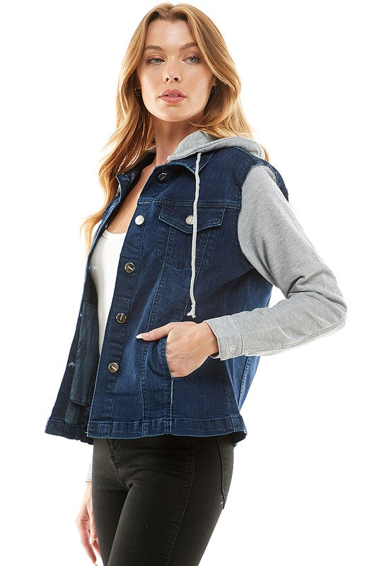 Spendex Ladies Denim Jacket with Fleece Hoodie - Luxxfashions