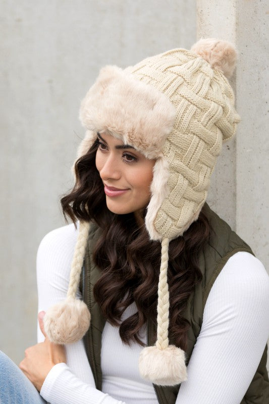 Cable Weave Pom Trapper Hat - Luxxfashions
