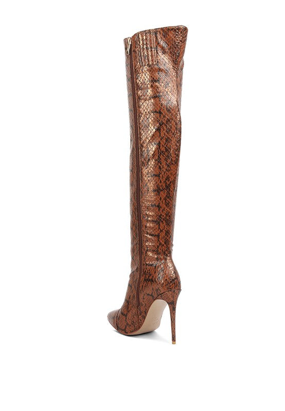 Snake Print Stiletto Knee Boots - Catalina