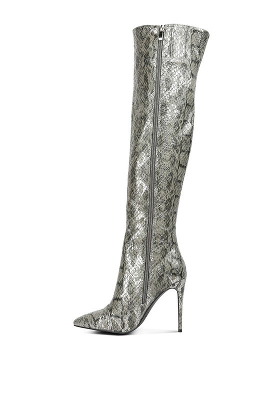 Snake Print Stiletto Knee Boots - Catalina