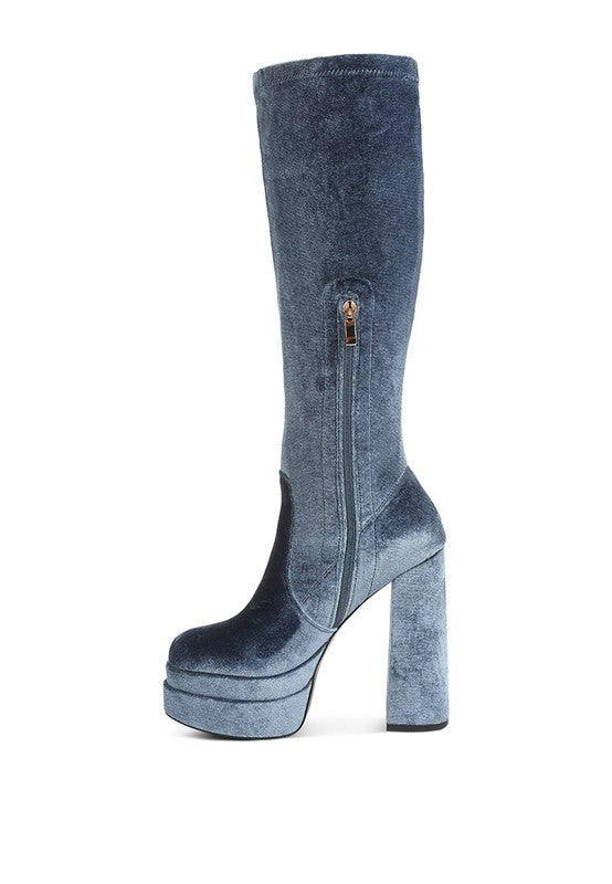 High Block Heel Velvet Boot - Lazuli