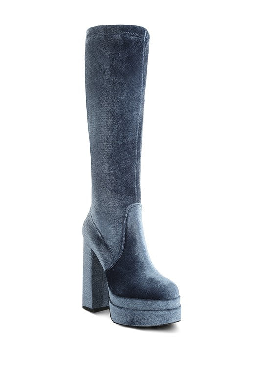 High Block Heel Velvet Boot - Lazuli